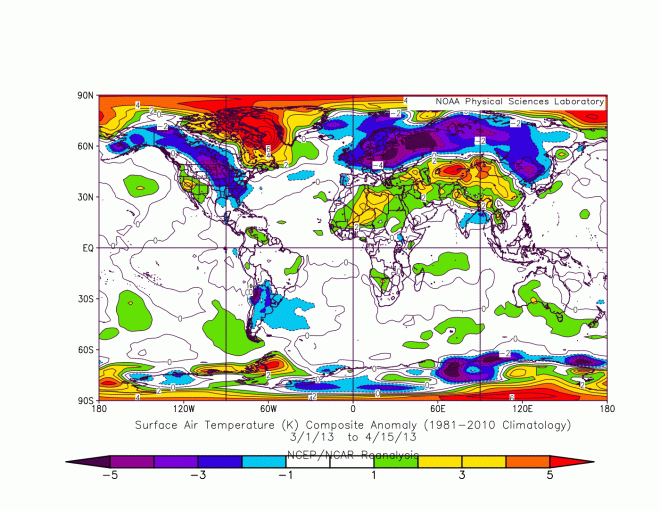 Fig. 2 -  anomalie di temperatura mediata sul periodo 1 marzo – 15 aprile rispetto al trentennio 1981-2010 per il 2013 sulla Terra. Grafici creati dal sito web del NOAA Physical Sciences Laboratory.